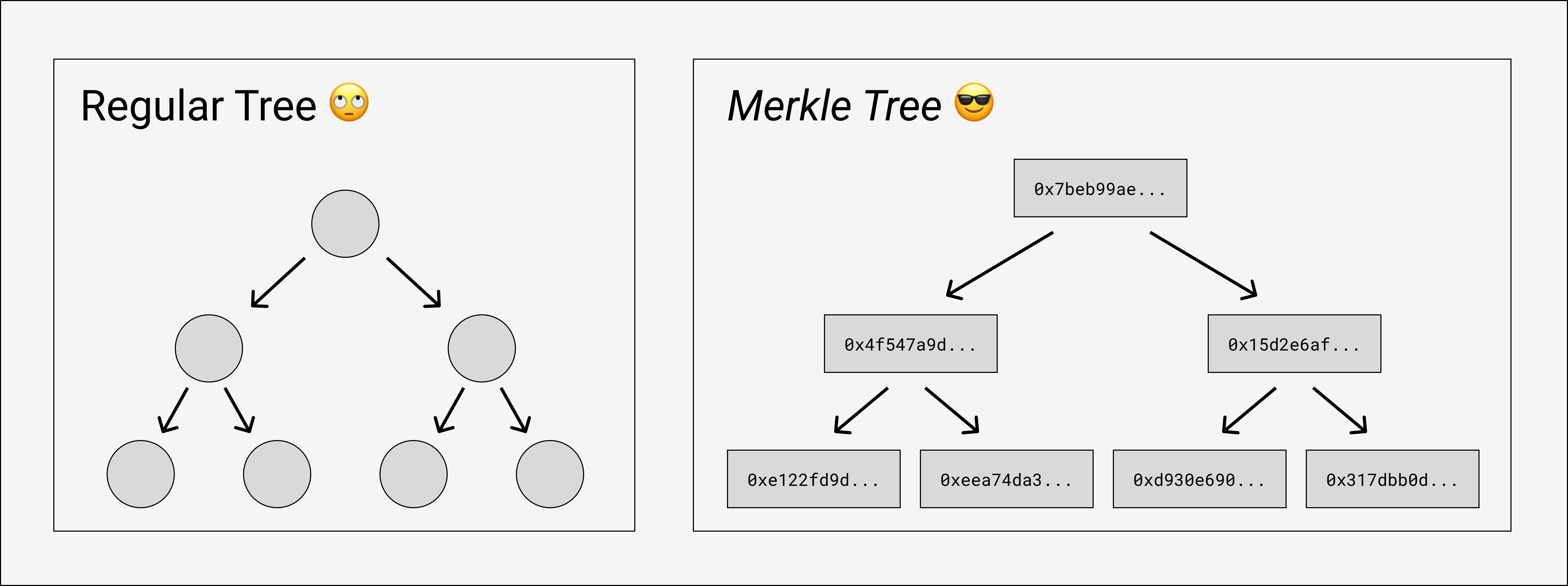 a diagram showing two identical trees, one labeled "regular tree" with unlabeled nodes and one labeled "merkle tree" with hashes inside the nodes